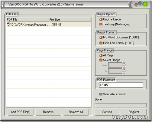 Convert PDF to Word through GUI interface of VeryDOC PDF to Word Converter