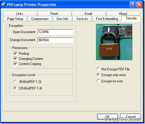 Set PDF encryption mode during printing PDF with virtual printer