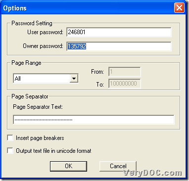 Option panel for typing PDF passwords of encrypted PDF during converting PDF to TXT through GUI interface