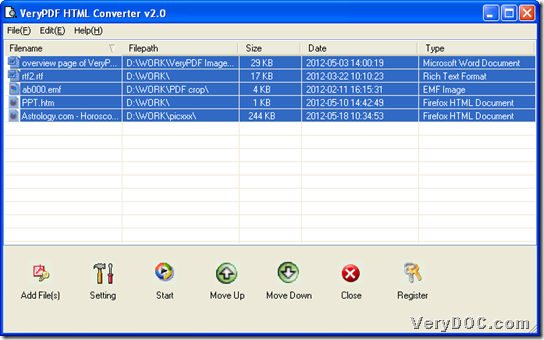 GUI interface of VeryPDF HTML Converter with added files 
