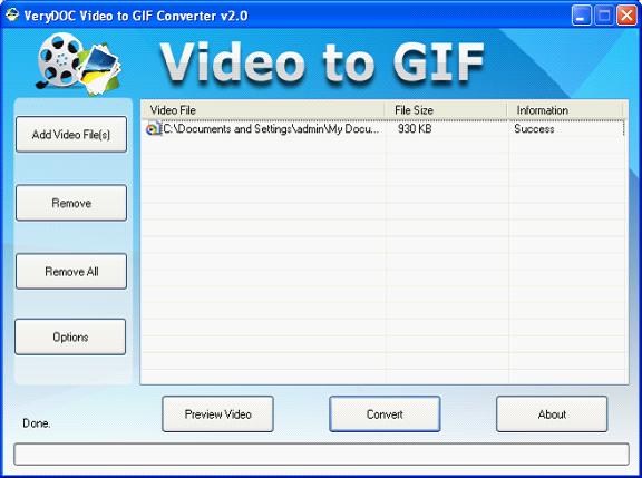 main interface of AVI to GIF Animation Converter