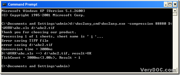 command prompt window for conversion of Excel to fax