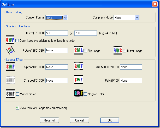  output setting interface of  VeryDOC Flash to Image Converter