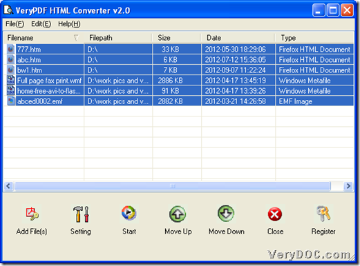 GUI interface of VeryDOC HTML Converter with added files