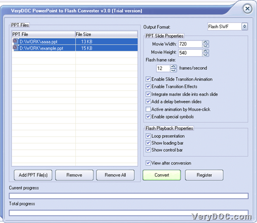 GUI interface of VeryDOC PowerPoint to Flash Converter
