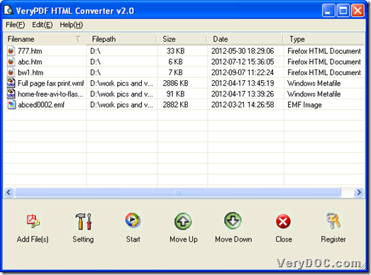 GUI interface of VeryDOC HTML Converter