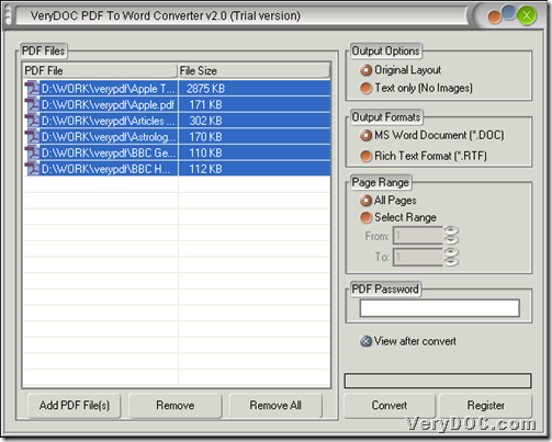 Add PDF files during converting PDF to DOC/RTF