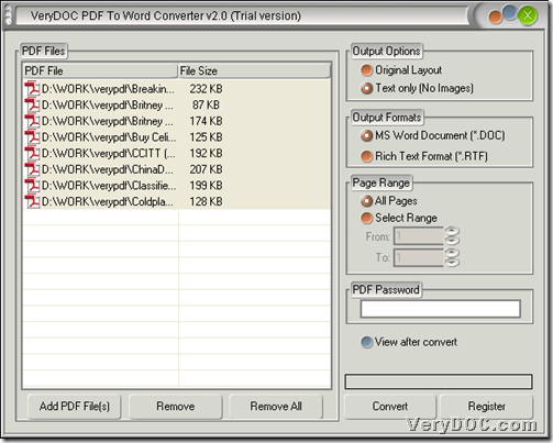 Add PDF files for converting text of PDF to DOC/RTF through GUI interface