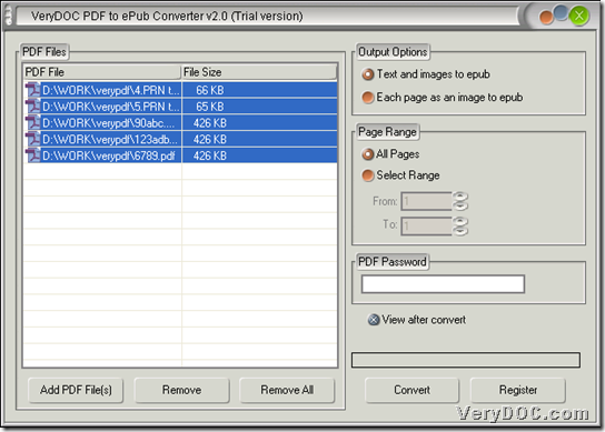Convert PDF to ePub singly or in batches through GUI interface of VeryDOC PDF to ePub Converter