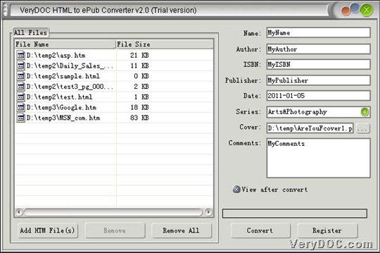 Convert HTML to epub through GUI interface of VeryDOC HTML to ePub Converter