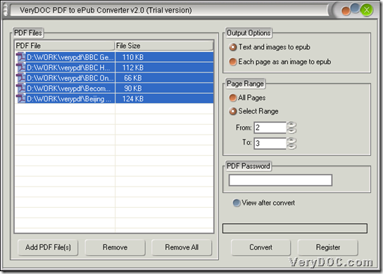 Convert specified pages PDF to ePub through GUI interface of VeryDOC PDF to ePub Converter