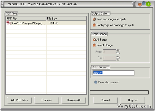 Convert encrypted PDF to ePub through GUI interface of VeryDOC PDF to ePub Converter