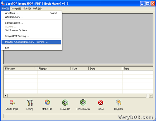 snapshot about how to open monitor panel via GUI interface of VeryPDF Image to PDF Converter 