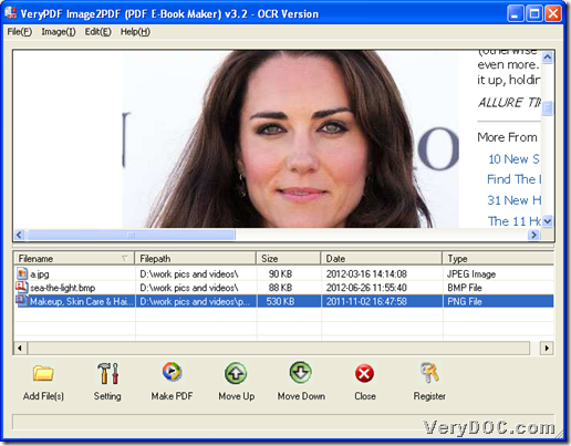 GUI interface with added bitmap images of VeryPDF Image to PDF OCR Converter