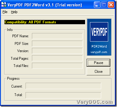 GUI interface of VeryPDF PDF to Word Converter