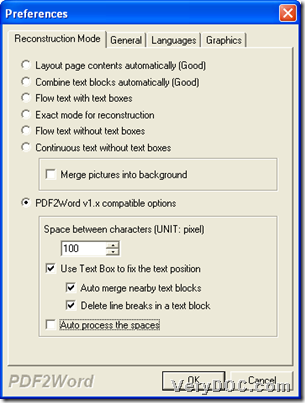 Preferences panel for you to optionally set Word properties during converting PDF to Word