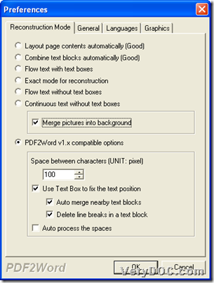 Set reconstruction mode from PDF to Word through GUI interface
