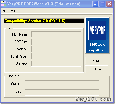 GUI interface of VeryPDF PDF to Word Converter