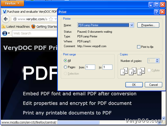 Print PDF of specific page size from web page through virtual printer 
