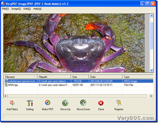 GUI interface of VeryPDF Image to PDF Converter with added image files