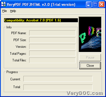 GUI interface of VeryPDF PDF to HTML Converter