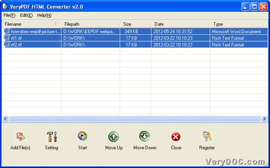 GUI interface of VeryPDF HTML Converter with added Word/RTF files
