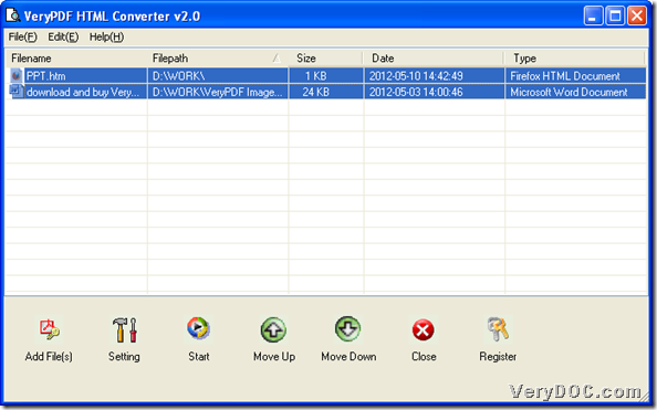 GUI interface of VeryPDF HTML Converter for HTML/Word to PDF conversion
