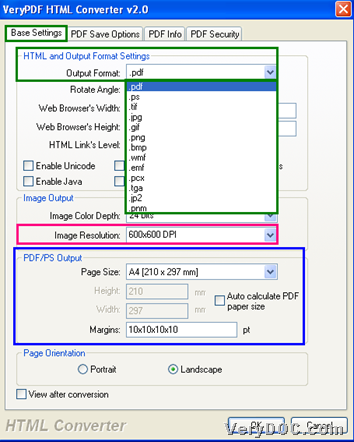 set targeting format and set page size or margin or image resolution with GUI interface of VeryPDF HTML Converter