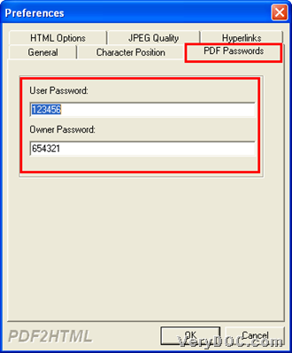 type PDF passwords on preferences panel during converting PDF to HTML