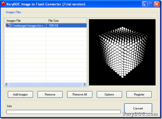 GUI interface of VeryPDF Image to Flash Converter with added image file and preview 