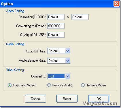 Option panel for setting flash format and properties in conversion from video to flash with GUI