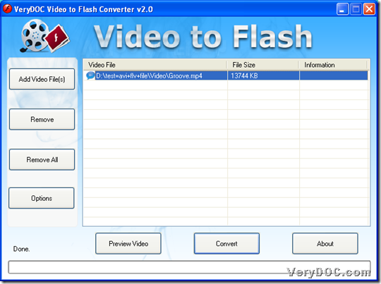 Add video file for converting video to flash with GUI interface