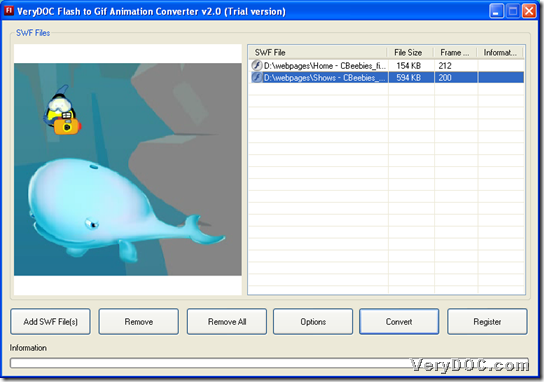 Add flash files into batch conversion from flash to animated GIF with GUI of VeryDOC Flash to GIF Animation Converter