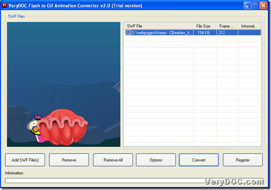 Add flash file with GUI interface of VeryDOC Flash to GIF Animation Converter