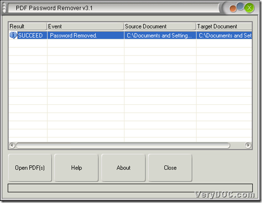 Successful info of removing open password of PDF with GUI interface