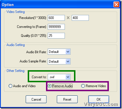 Set removing mode during converting video to flash with GUI