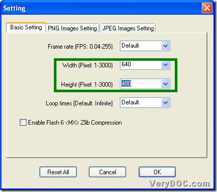 Set flash width and height - flash size during converting image to flash with GUI interface 