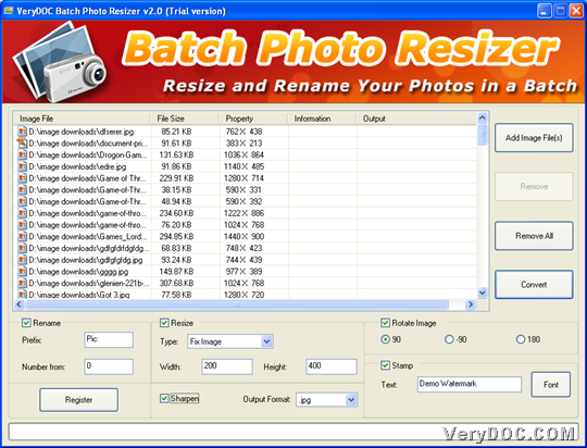 GUI interface with added photos and set options for resizing photos 