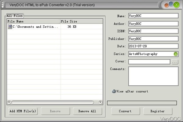 software interface of HTML to ePub Converter