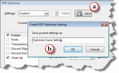 Saving PDF Optimizer settings