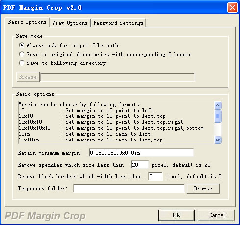 PDF Margin Crop screenshot 2 - This window will allow you to choose the default output folder for the generated files