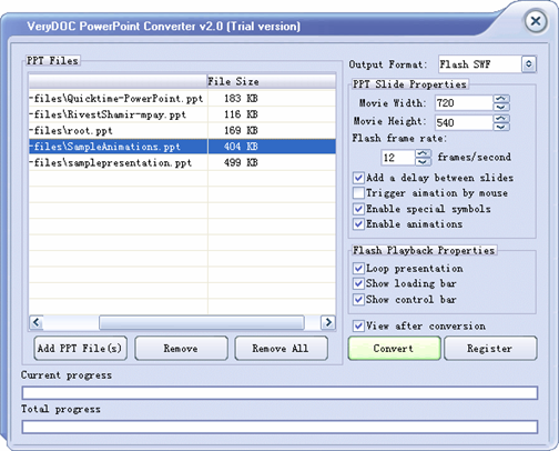 Main interface for PowerPoint to Flash, SWF, PDF, Adobe PDF, PS, Postscript, TIFF, BMP, WMF, EMF, PNG, GIF formats.
